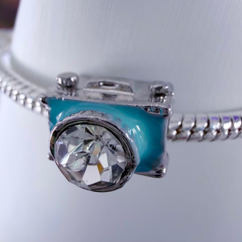Silver Camera Bead Charm Blue Enamel Crystal Fits Snake Chain Bracelet - Picture 5 of 9